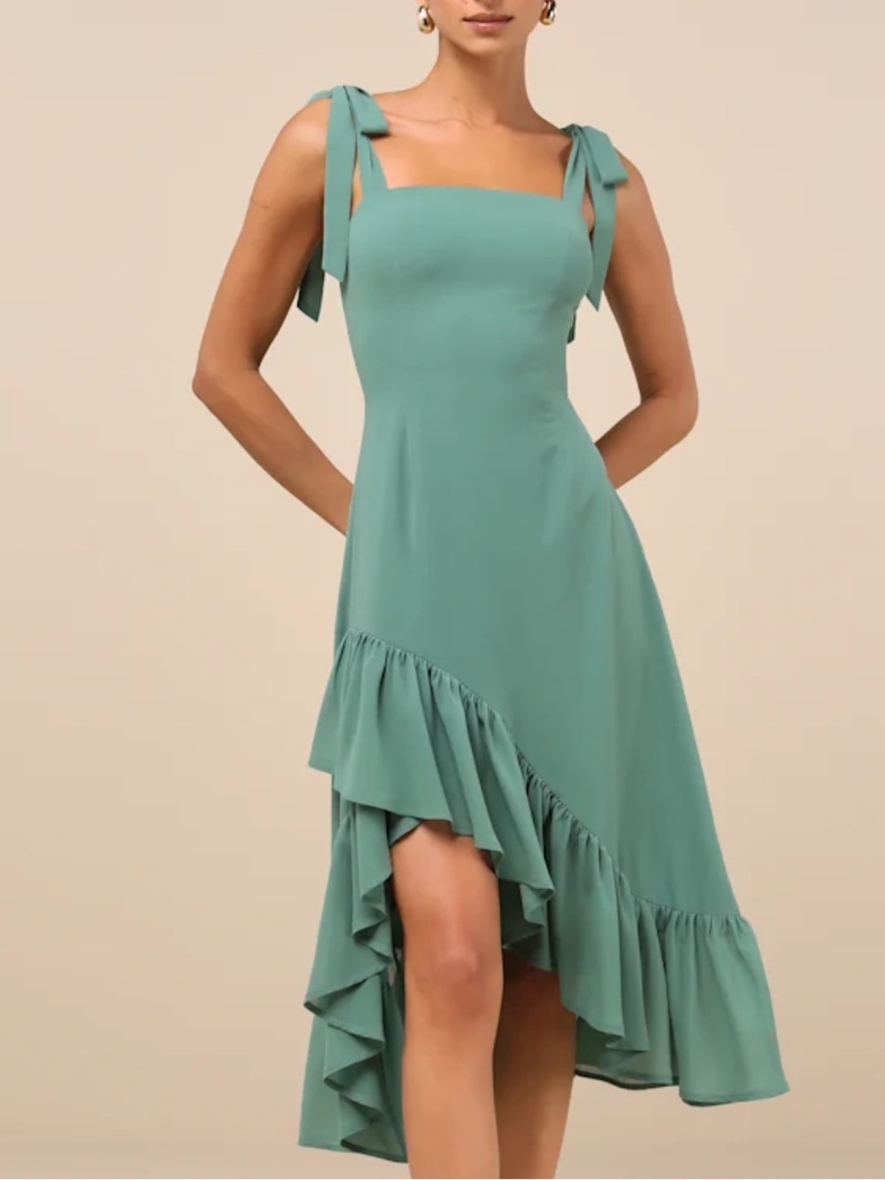Lulu’s Tamryn Dark Sage Asymmetrical Ruffled Midi Dress Size Medium